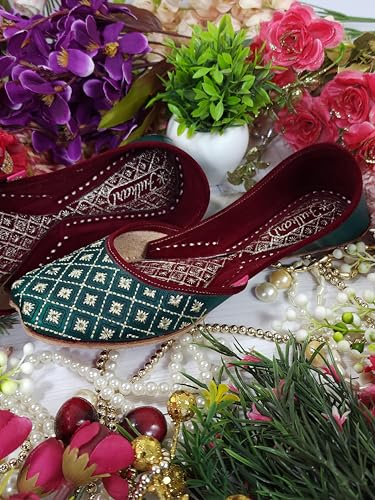Fulkari Women Green Lotus Gold Casual Genuine Soft Leather Jutis | Bite and Pinch Free Juttis | Punjabi Jutti | Girl's Office Flat Ladies Mojari | dailywear Ethnic Juti | 37