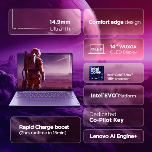 Lenovo Yoga Slim 7, Intel Core Ultra 7 155H, 16GB RAM, 512GB SSD, WUXGA-OLED, AI PC 14"/35.5cm, Windows 11, Office Home 2024, Grey, 1.39Kg, 2Wx4 Speakers, 1Yr ADP Free, 83CV009XIN, AI Powered Laptop