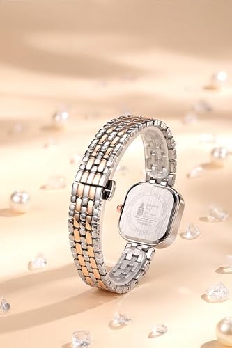 London Fog Bloomsbury Collection Analog Quartz Watch for Women with Brown Sunray Square Dial, Roman Numeral and Crystal Hour Markers, Date Display, Rose Gold & Silver Stainless Steel Strap LFW20008-22