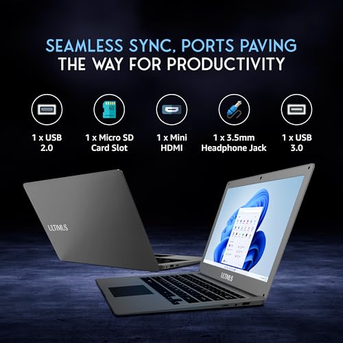 ULTIMUS Pro Intel Celeron Dual Core Laptop 4GB RAM, 128GB M.2 Emmc Expandable~512GB Intel HD Graphics 2.0x1 3.0x1 USB HDMI Sd Card Slot ‎LPDDR4 Dual Speaker Dual Microphone Win 11 Home Gray, 1.2 kg