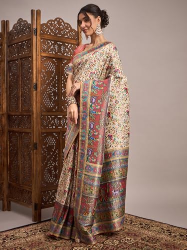 AKHILAM Women's Cream Viscose Silk Ethnic Motif Printed Saree With Unstitched Blouse Piece (MSTANI159B_HS)