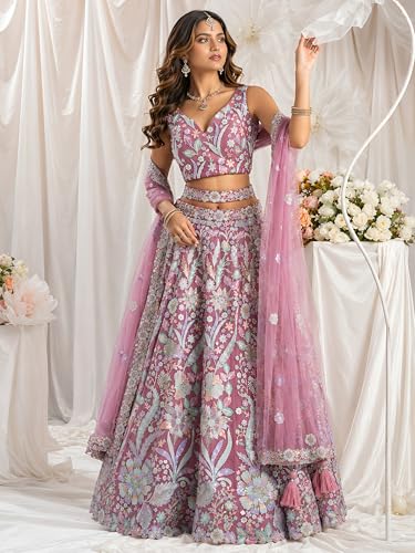 Zeel Clothing Women's Sequins Embroidered Work Soft Net Lehenga Choli With Dupatta (6020-Pink-Women-Lehenga-Choli; Free size)