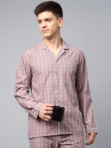 English Navy Men Checked Night Suit Mauve M, Machine Washable Easy Care Fabric, Soft Breathable Fabric for a restful Night, Gentle on Skin for All Night Comfort