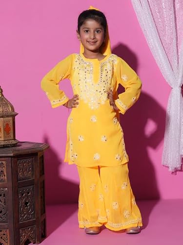 Fashion Chikan Art Chikankari Lucknowi Hand Embroided Gota Patti Kurti,Palazzo and Dupatta Set | Color - Yellow | Size - 11-12 Years