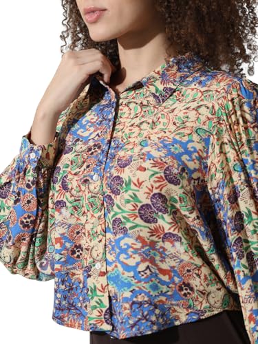 ONLY Women Printed Viscose Crop Length Blue Shirt