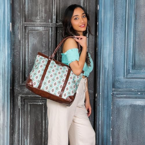 THE CLOWNFISH Miranda Series 15.6 inch Laptop Bag For Women Printed Handicraft Fabric & Faux Leather Office Bag Briefcase Hand Messenger bag Tote Shoulder Bag (Skyblue-Diamond Design)