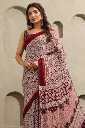 Soch Womens Maroon Viscose Blend Ajrak Printed Saree