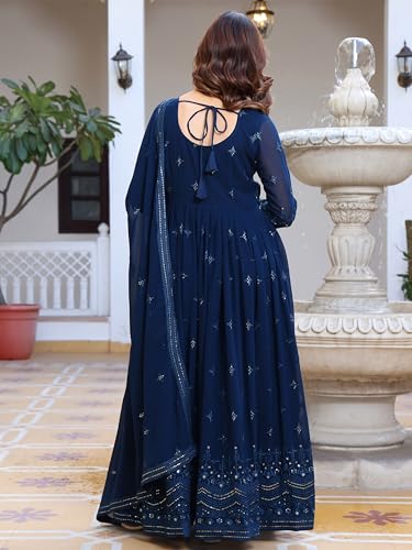 Fashion Basket Women's Georgette Anarkali Lond Dress with Duptta Turquoise