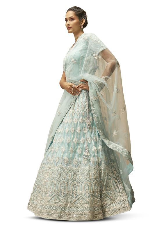 Soch Womens Powder Blue Net Floral Embroidered Sequin Embellished Unstitched Lehenga Set