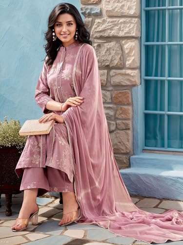 V4M Women's Lavender Pure Cotton Embroidered Floral Printed Straight Kurta Set With Dupatta