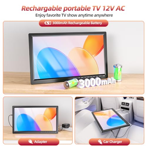 Desobry Portable TV 15.6 inch 1080P Rechargeable Battery TV with DVB-T2 Tuner, Support USB HDMI AV input, 12v tv for campervan/caravan/camping/motorhomes