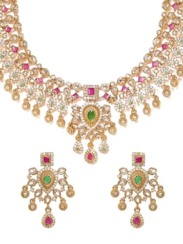 Rubans Regal Gold Tone Temple Necklace Set with Multicolored Stones For Women