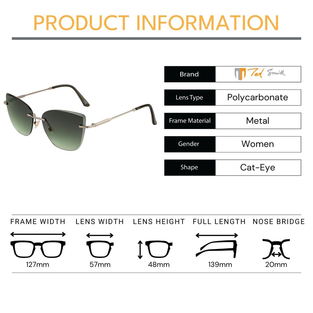 Ted Smith Women's UV Protection Green Graded Lens Gunmetal Cat Eye Sunglasses