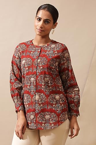 W for Woman Red Shirt in Hand Block Kalamkari Print_24JUF30003-910641B_L
