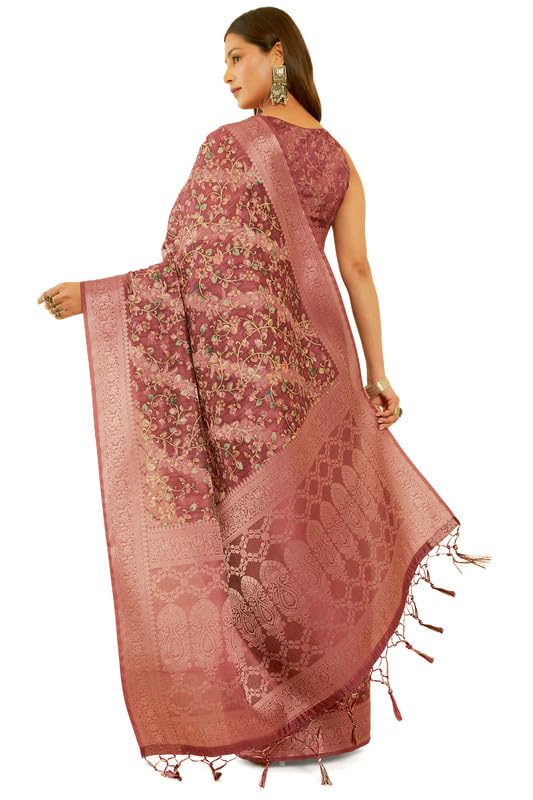 Soch Womens Wine Floral Print Chanderi Jacquard Saree