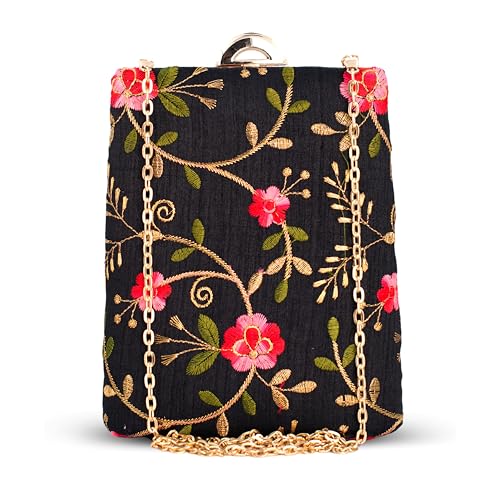 Artklim Black Based Pink Floral Embroidery Clutch Bag for Women