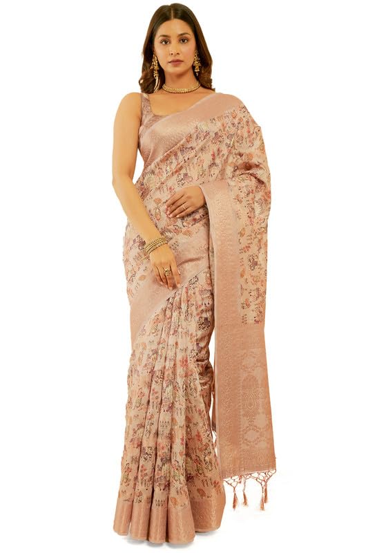 Soch Womens Peach Chanderi Madhubani Print Jacquard Saree