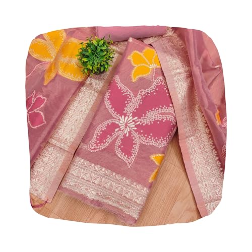SHANTVAN GALLERY Unstitched Dress Material for Women Cotton Pure Tissue Shimmer Banarasi Zari Weaving Suit Fabric with Semi Cotton Bottom and Jacquard Dupatta Unstitched Suit Set - Pink