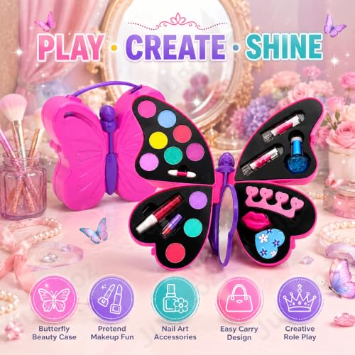 Jugutoz 2-in-1 Butterfly Makeup & Nail Art Kit for Kids | Big Pretend Play Beauty Case | Non-Toxic Cosmetic Set with Nail Accessories | Gift for Boys & Girls