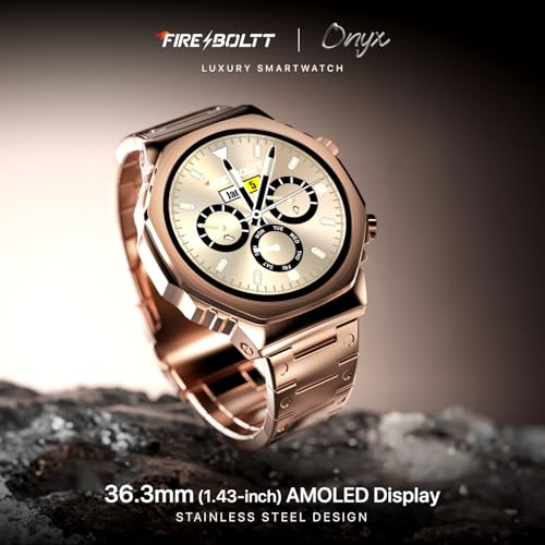 Fire-Boltt Onyx- 36.3mm AMOLED Always On Display Smart Watch, 466 * 466 High Resolution, Bluetooth Calling, Steel Design, IP67, 4GB Storage, 300+ Sports Modes, 130+ Watch Faces (Rose Gold)