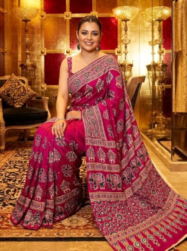ORHANS Women's Modal Silk Saree with Unstitched Blouse Piece Animal Printed Pattern and Elephant Theme | Womens Ethnic Sarees | Sari for Womans | Stylish Saree fo Women Lightweight