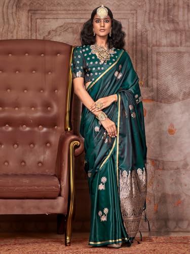 AKHILAM Women's Green Satin Silk Ethnic Motif Printed Saree With Unstitched Blouse (KNTHKLP397005_RJ)