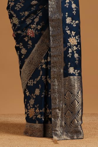 Soch Womens Navy Blue Satin Botanical Zari Woven Saree