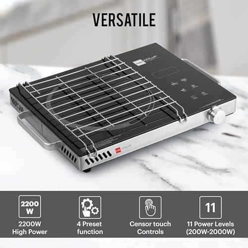 Cello Induction Cooker Blazing 800+ Infra Ceramic Plate 2200 Watt Induction Cooktop with BBQ Grill, Soft Touch Button with Crystal Glass (Black)