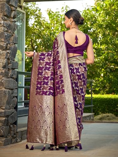MANOHARI Women's Most Trendy Banarasi Satin Silk Woven Purple Wine Saree With Heavy Jacquard Work Saree With Blouse Piece_MN2054