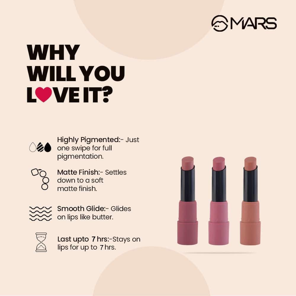 MARS Matte Box Set of 3 Lipsticks for Women | Long-Lasting | Smooth Finish | Moisturising | One Swipe Pigmentation (3x3.2 gm) (02-Peaches & Nudes)