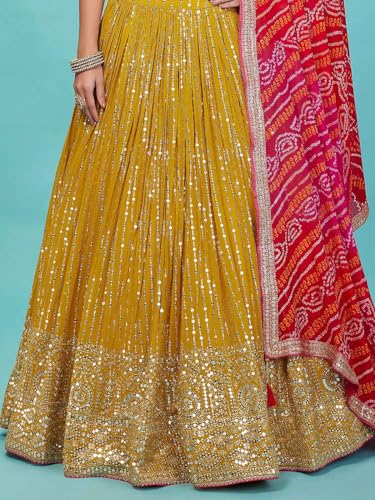 Zeel Clothing Women's Real Mirror Work Georgette New Semi Stitched Lehenga Choli With Dupatta (5077-Yellow-Pink-Fascinating-Designer-Lehenga-Choli; Free Size)