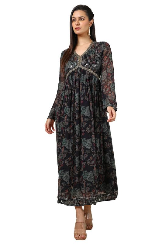 Soch Womens Black Chinon Botanical Print Dress with Stones and Sequins