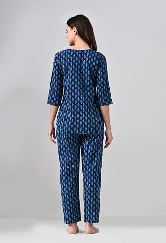 Ichaa Women Cotton Printed Night Wear Top and Payjama Night Suit Set, Blue, Large