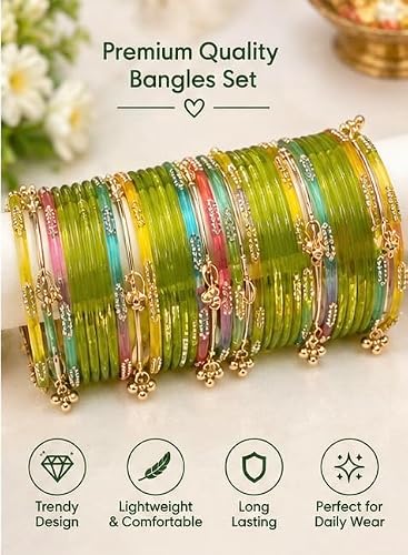 MEHNDI Colour Jelly Glass Bangles Set with Gold-Tone Floral Charms, Kashmiri bangles.