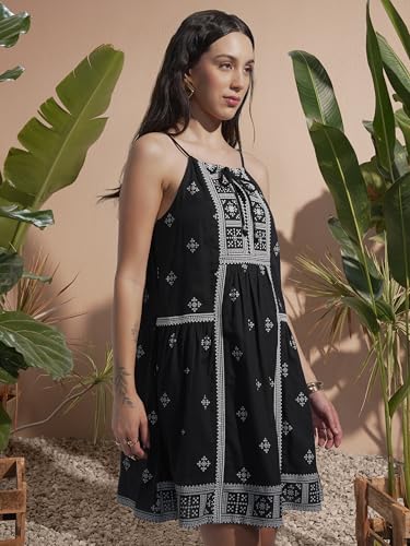 Vishudh Women Sleeveless Tie Neck Dress VVa1000097 Black XL