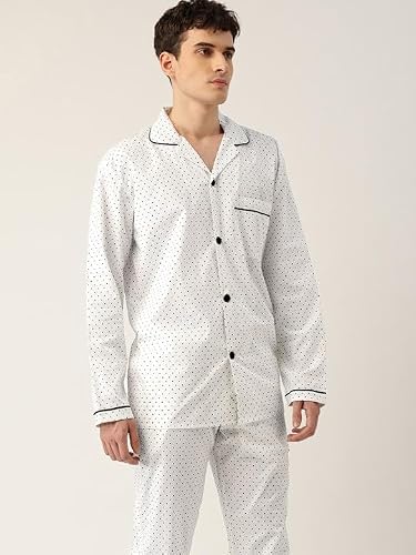 Hancock Men Cotton Printed Pyjama Set White Size S