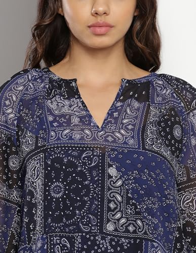 Tommy Hilfiger Navy Blue Polyester Printed V-Neck Full Sleeves Regular Fit Women Blouse (F23HWWT014) Size-L