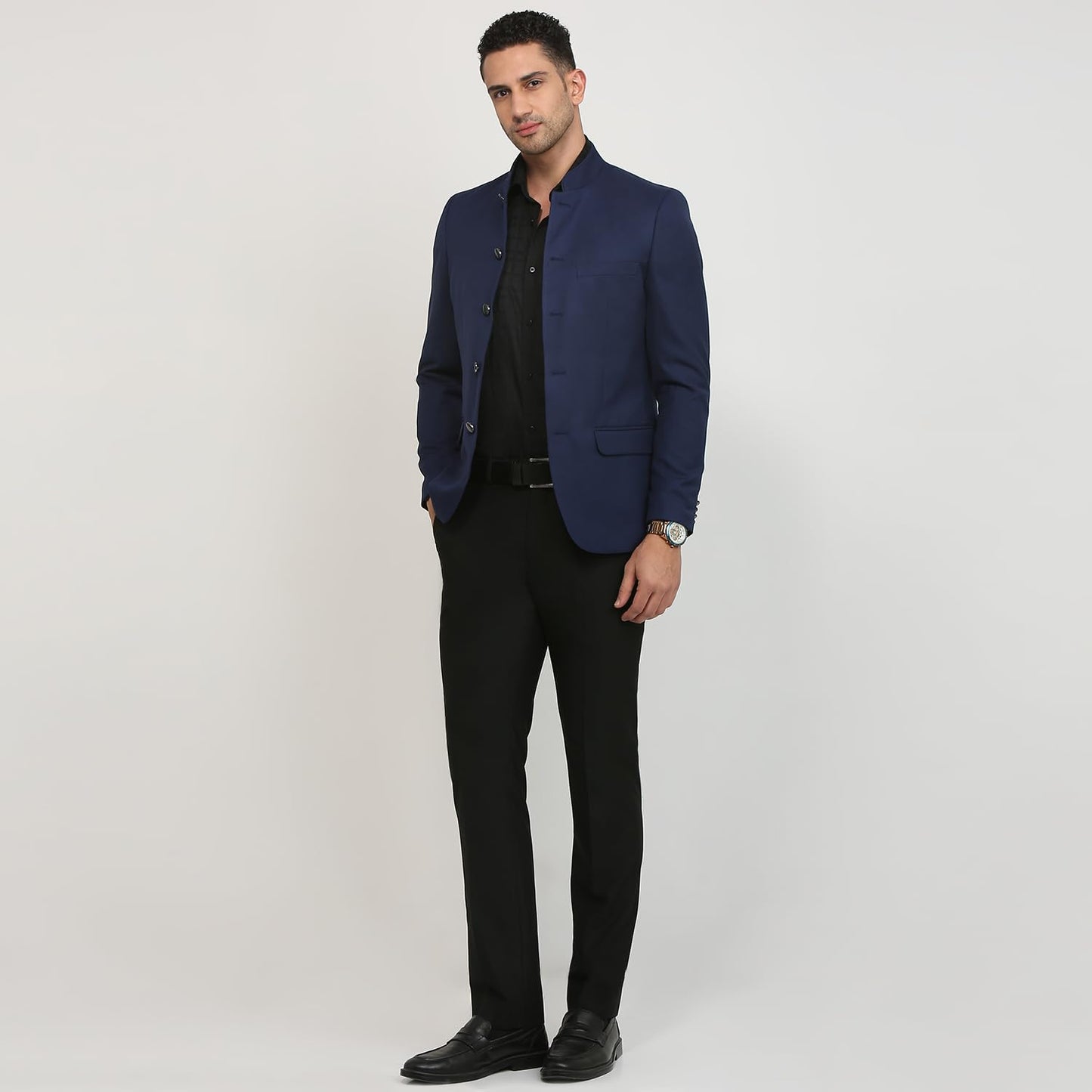 Raymond Men Regular Fit Solid Pattern Poly Rayon Blend Stand Collar Full Sleeve Ceremonial Jacket