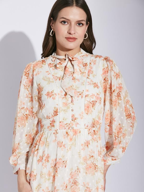 Latin Quarters Women Orange Tie-Up Neck 3/4 Sleeve Floral Dress_M