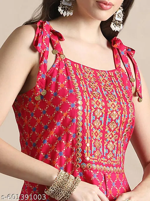 Globus Women Pink Coin Detail Tie-Up Shoulder Straps Embroidered Yoke Ethnic Foil Print Front Slit A-Line Kurta & Palazzos Festive Set