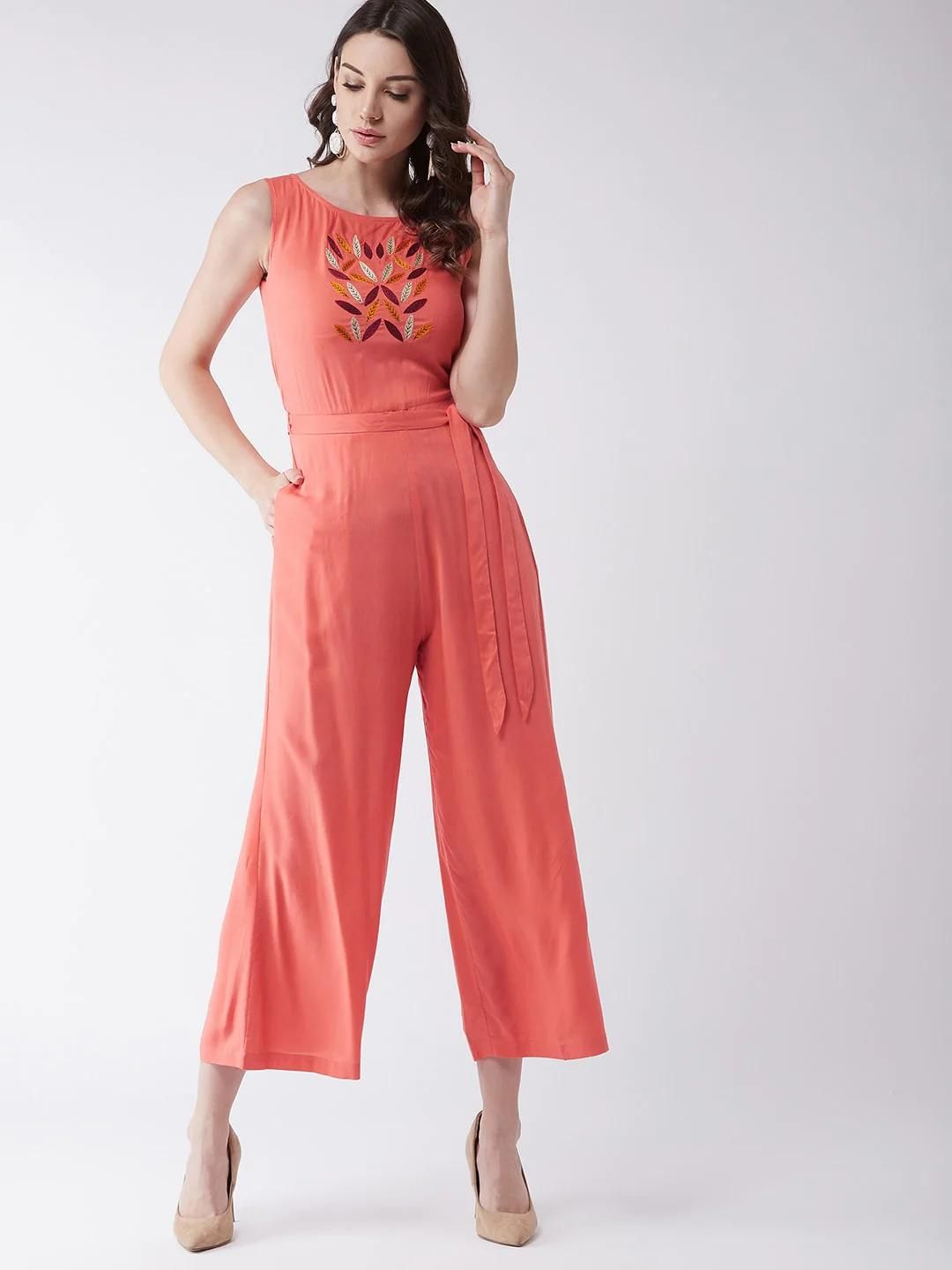PANNKH Coral Embroidered Sleeveless Jumpsuit