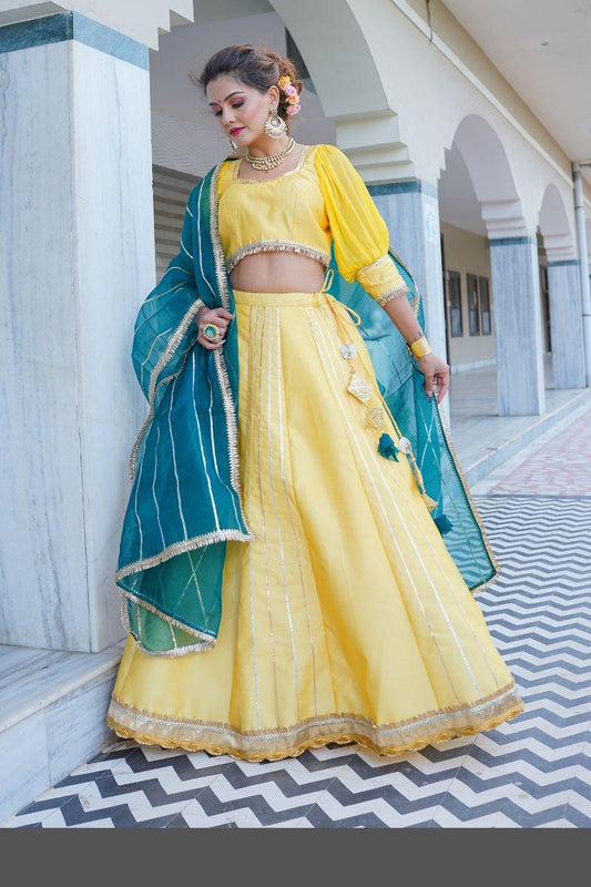 YELLOW CHANDERI GOTA LEHENGA SET