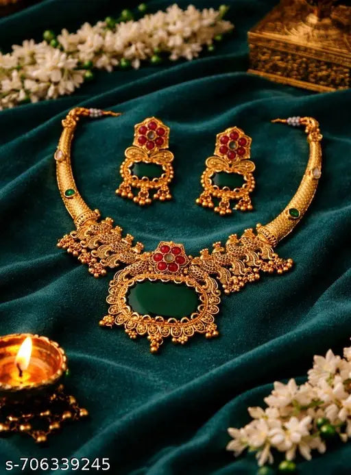 Designer Golden Kundan Temple Necklace Set with Green Kundan Stones & Matching Earrings for Women