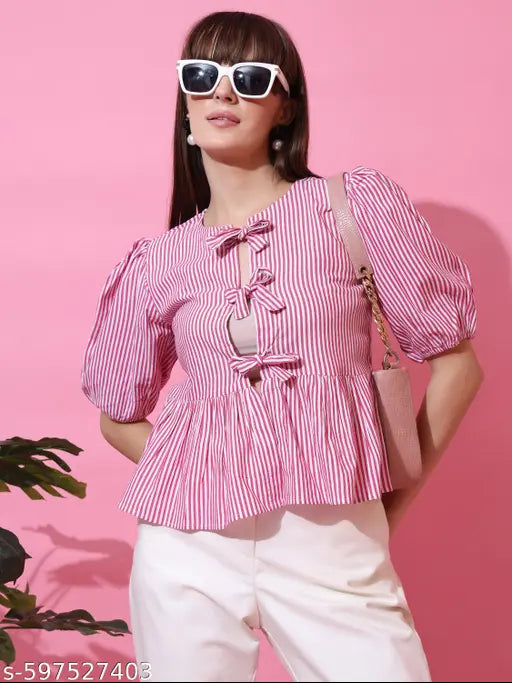 Honky Tonky Women’s Pink & White Striped Peplum Top with Front Tie-Up Bows and Puff Sleeves