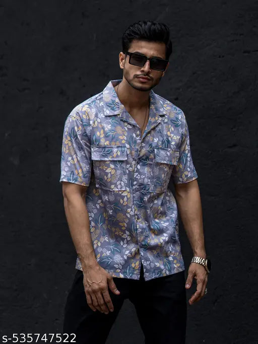 Mens All Over Printed Collar Neck Half Sleeve Dark Grey Cotton Oversized Shirt