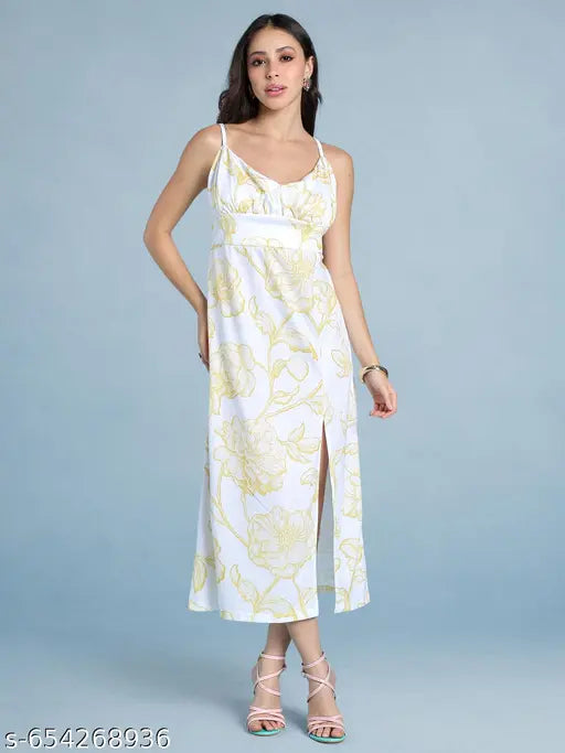 HELLCAT Womens Floral Printed White Shoulder Straps dress | Western A-Line V Neck Midi Dress for Womens | Womens Stylish Noodle strap Party Dress