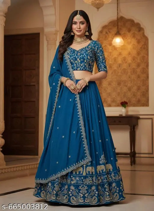 Premium Chinon Embroidered Lehenga Choli with Elephant Motif & Dupatta - Teal Blue
