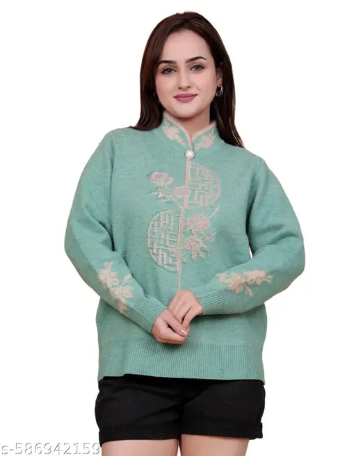 KRITI Floral Design Woollen Winter Top Green Colour For Women