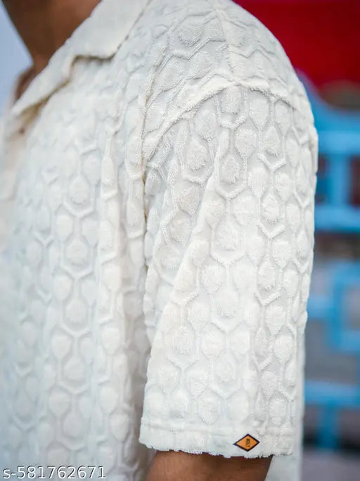 Maniac Mens Solid Puff Textured Collared Neck Cream Shirt