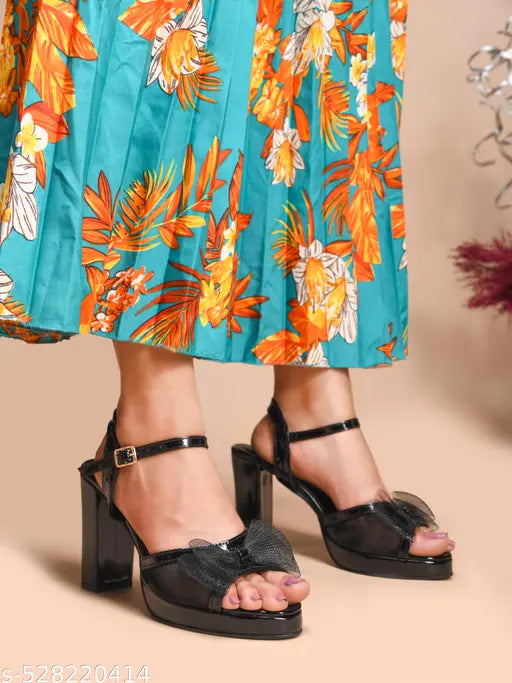 JM Looks Women's Chunky Block Heels with Mesh Bow Stylish For Partywear evening events, and formal occasions - Black